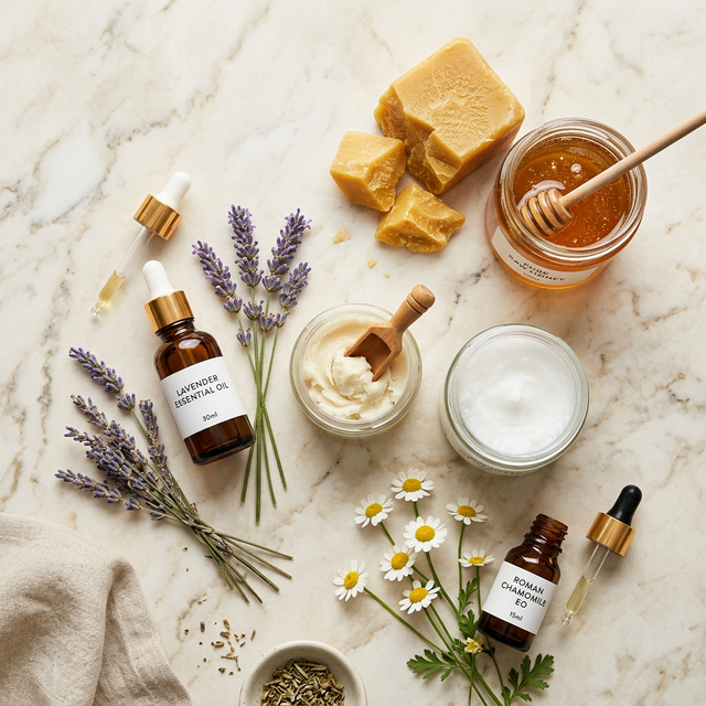 Natural skincare ingredients flat lay